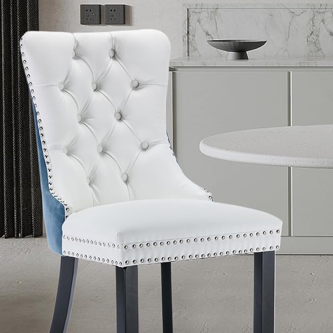 Leather Upholstered Dining Chairs Set of 4, Modern Style Kitchen Side Chairs with Nailhead Trim and Wood Leg, Metal Pulling Ring for Dining Room Living Room(White&Blue,Set of 4)