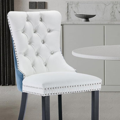 Leather Upholstered Dining Chairs Set of 4, Modern Style Kitchen Side Chairs with Nailhead Trim and Wood Leg, Metal Pulling Ring for Dining Room Living Room(White&Blue,Set of 4)