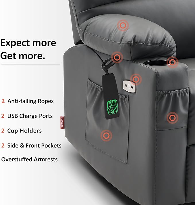MCombo Medium Lay Flat Dual Motor Power Lift Recliner Chair Sofa with Massage and Heat for Elderly People, Infinite Position, Faux Leather 7679 (Dark Grey, Medium)