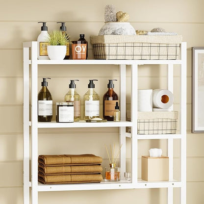 Over The Toilet Storage Rack, 3-Tier Bathroom Organizer Over Toilet, Wooden Above Toilet Storage Shelf, Space Saver, Freestanding BathroomStorage Metal Shelf, Easy to Assemble, White