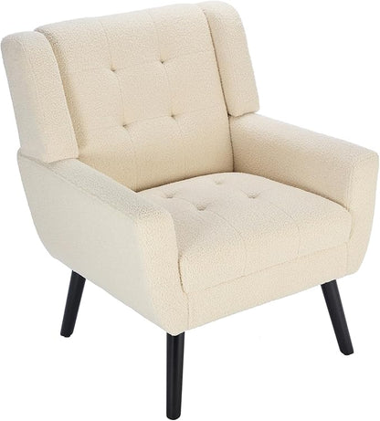 Dolonm Midcentury Modern Teddy Accent Chair with Arms, Upholstered Reading Side Chair Tufted Back Decorative Wingback Chair for Living Room Bedroom (White)