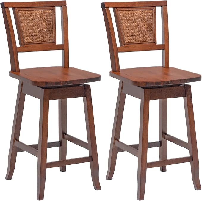 COSTWAY Bar Stools Set of 2, 24.5 Inch Counter Height Bar Stool with Rattan Back, 360°Swivel Seat, Comfortable Footrests, Rubber Wood Bar Stools for Kitchen Island, Dining Room, Cafe, Pub (2)