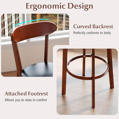 COSTWAY Bar Stool Set of 2, 30.5'' Bar Height Barstools w/Curved Backrest, Faux Leather Cushion & Rubber Wood Frame, Mid Century Modern Island Chairs for Kitchen Bar Cafe, Walnut