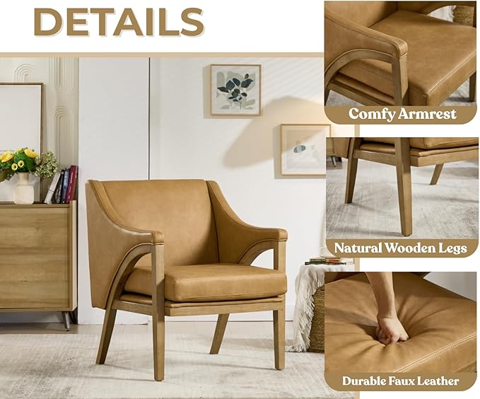 EALSON Modern Accent Chair Comfy Leather Living Room Chair with Wooden Frame and Armrest Mid Century Upholstered Reading Lounge Armchair for Living Room/Bedroom/Reading/Balcony, Brown