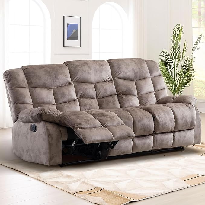 EBELLO Reclining Couch for Living Room, Extra Wide Modern Overstuffed 3 Seat Recliner Manual Sofa Breathable Fabric and Padded Cushion, Light Brown