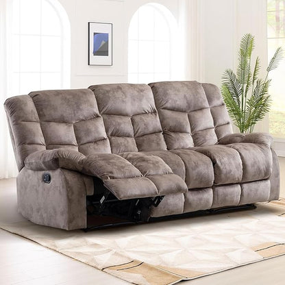 EBELLO Reclining Couch for Living Room, Extra Wide Modern Overstuffed 3 Seat Recliner Manual Sofa Breathable Fabric and Padded Cushion, Light Brown