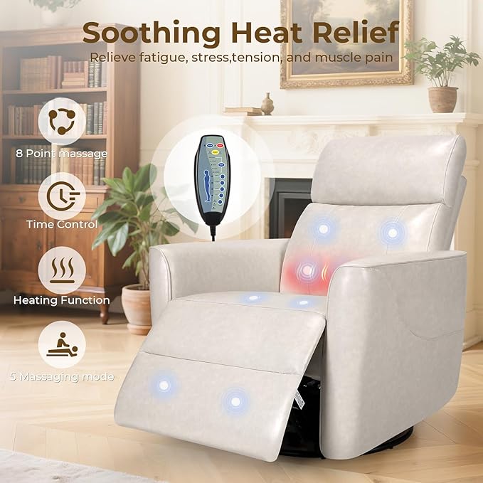 Homdox Power Recliner Chair Swivel Glider with Massage and Heat, Oversized Swivel Rocker Chair, Living Room Nursery Reclining Chair with USB, Faux Leather, for Small Spaces, Ivory