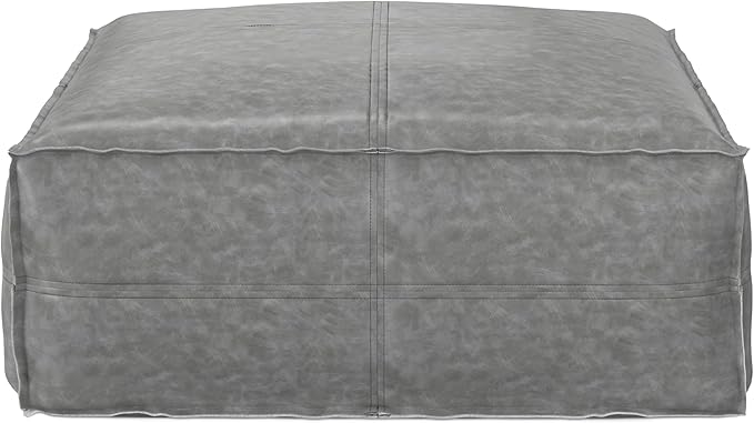 SIMPLIHOME Brody 30-inch Wide Large Square Coffee Table Pouf in Distressed Grey, Vegan Faux Leather Ottoman, Footrest, or Extra Seating for Living Room, Assembled