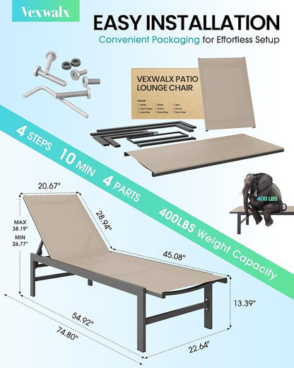 Outdoor Lounge Chairs for Pool, Aluminum Chaise Lounge Chairs with 5-Position Recliner, Patio Lounge Chair for Backyard