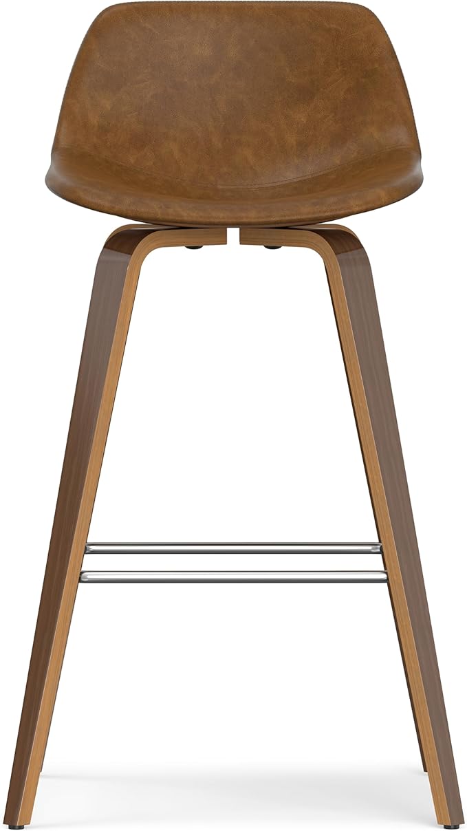 SIMPLIHOME Randolph Counter Stools (Set of 2) - 28 Inch Seat Height Upholstered Bentwood Kitchen Seats in Deep Tan Vegan Faux Leather, Mid Century Modern Seating with Curved Backrest and Footrest