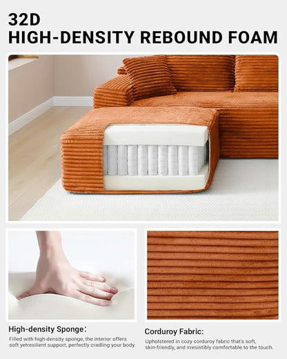 108" Cloud Sectional Couch,Modern Modular Sectional Sofa with Deep Seat,Corduroy Boneless Couches with L-Shape Chaise for Living Room,No Assembly Required (Orange, Left Facing Chaise)