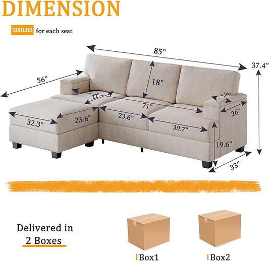 85'' L Shaped Couch with Armrest Organizer,3 Seats Sofas with Movable Ottoman,Comfy Sectional Sofa with Thick Cushion,Chenille Sectional Couches for Living Room,Bedroom,Apartment,Home Furniture,Khaki