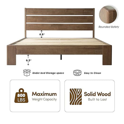 Queen Size Bed Frame with Headboard & Footboard, Solid Wood Platform Bed, Metal Legs, 12 Durable Slatted Structure, No Box Spring Needed, Anti-Slip & Noise-Free, Easy Assembly, Barnwood Finish, QIQ-30
