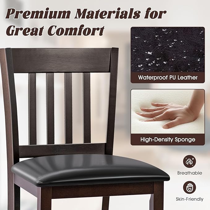 COSTWAY Counter Height Bar Stools Set of 4, 25'' Wooden Pub Chairs with PU Leather Seat, Mid Century Modern Upholstered Island Chairs for Kitchen, Living Room, Dining Room, Bar