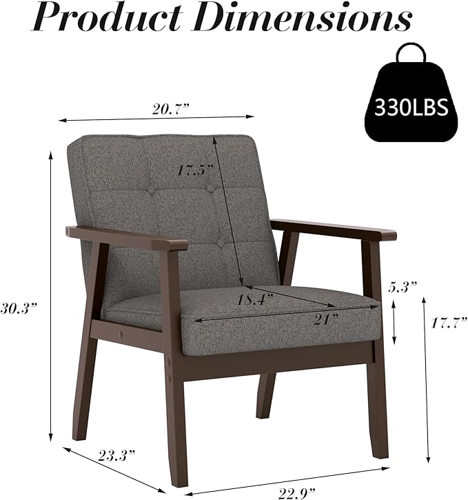 KCC Mid-Century Modern Linen Fabric Accent Chair Set of 2, Upholstered Tufted Leisure Chair Comfy Reading Side Chairs with Armrest and Solid Wood Frame for Living Room Bedroom Balcony(Gray)