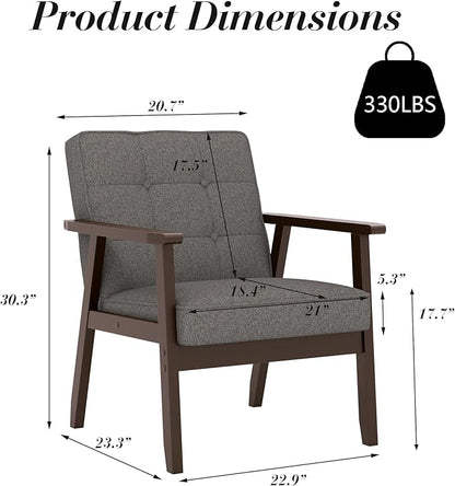 KCC Mid-Century Modern Linen Fabric Accent Chair, Upholstered Tufted Leisure Chair Comfy Reading Side Chair with Armrest and Solid Wood Frame for Living Room Bedroom Balcony(Gray)