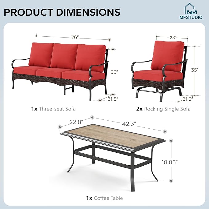 MFSTUDIO 4 Pieces Outdoor Patio Furniture Set, Metal Outdoor Conversation Set, Rattan Wicker Patio Sectional Sofa Set with 2 x Rocking Single Sofa, 3-Seat Sofa, 1 x Coffee Table, Red