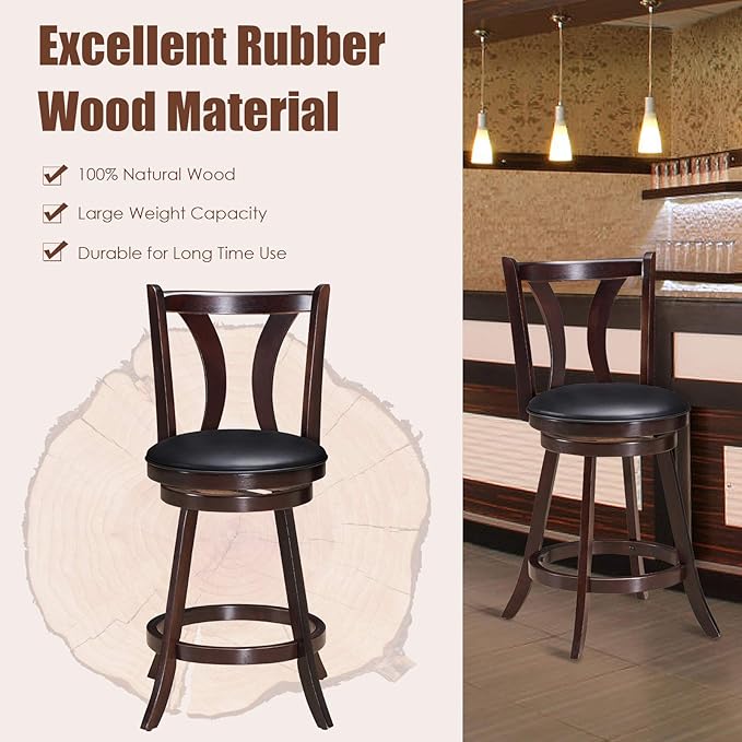 COSTWAY Bar Stools Set of 2, 360-Degree Swivel Stools with Leather Padded Seat, Single Slat Back & Solid Rubber Wood Legs, Counter Height Stools for Pub, Restaurant, Kitchen, Brown (4)