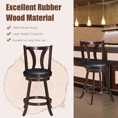 COSTWAY Bar Stools Set of 4, 360-Degree Swivel Stools with Leather Padded Seat, Single Slat Back & Solid Rubber Wood Legs, Counter Height Stools for Pub, Restaurant, Kitchen, Brown (4)