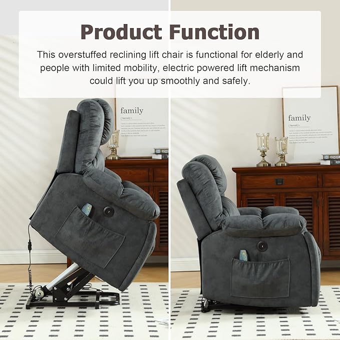 CANMOV Large Power Lift Recliner with Massage and Heat for Elderly, Heavy Duty Lift Recliner for Seniors with USB Port, 2 Hidden Cup Holders (Dark Grey)