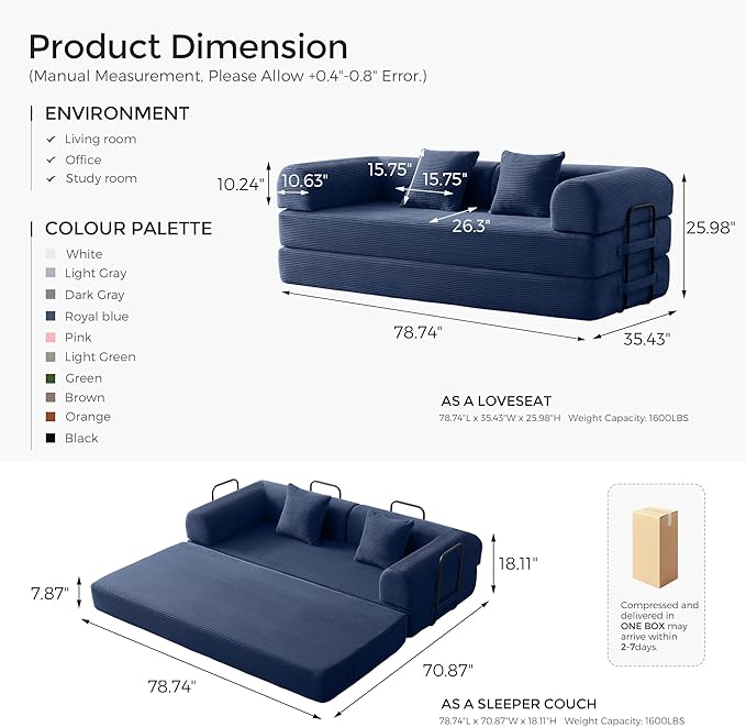 79" Convertible Sofa Bed with Fixed-Shape Frame & Removable Armrests, Modular Corduroy Sleeper Sofa, Folding Mattress Couch for Small Spaces - No Assembly Needed in Navy Blue (Includes 2 Pillows)