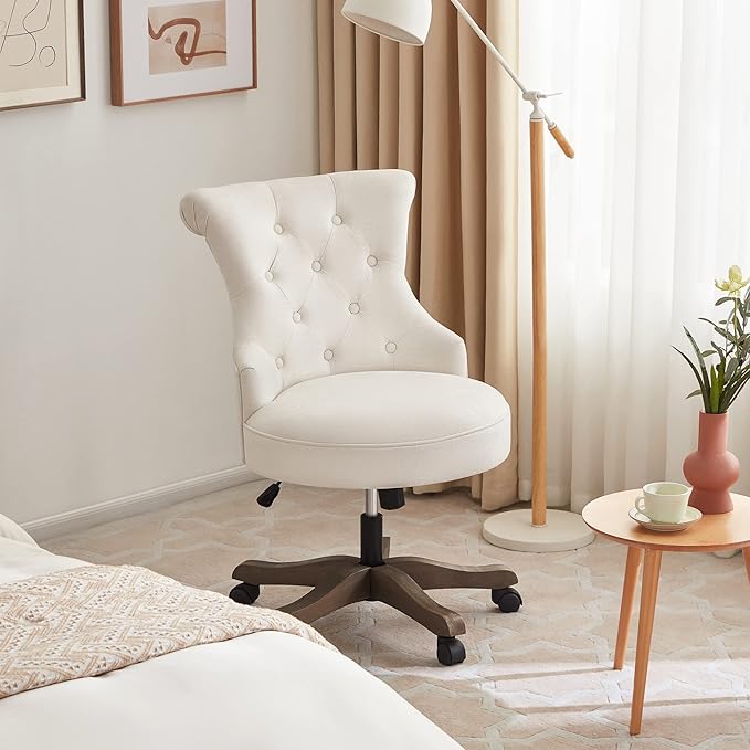 Home Office Chair Adjustable Height Swivel Chair with Wheels Linen Fabric Upholstered Computer Desk Chair with Wooden Legs Comfortable Armless Chair for Home Office Study Studio(Beige)