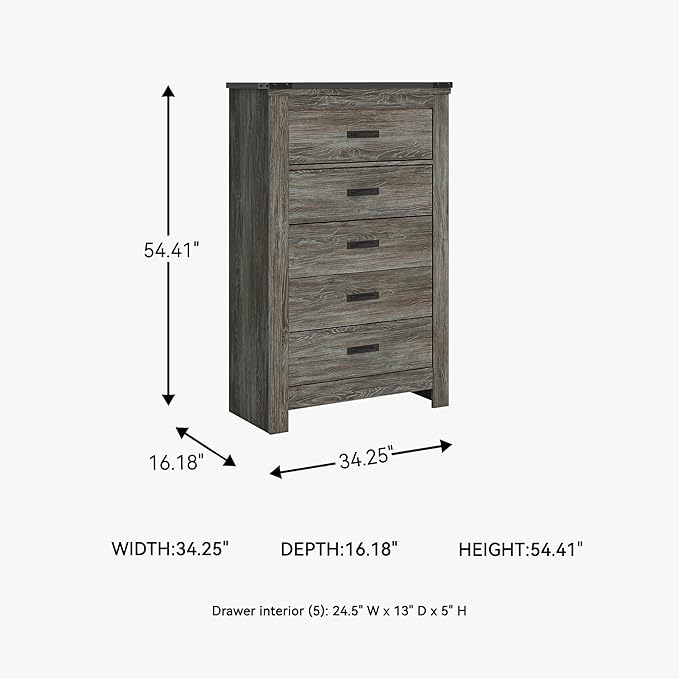 Signature Design by Ashley Frandern Vintage 5-Drawer Chest with Easy Glide and Safety Stop for Bedroom, Gray