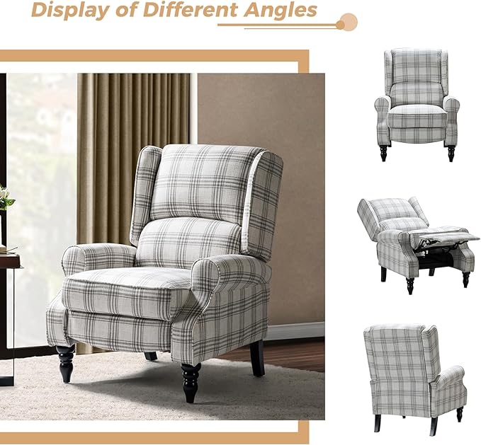 HULALA HOME Upholstered Wingback Recliner Chair Set of 2, Small Adjustable Footrest Push Back Single Reclining Sofa, Mid Century Modern Lounge Armchair for Living Room, Bedroom, Reading/Plaid Grey