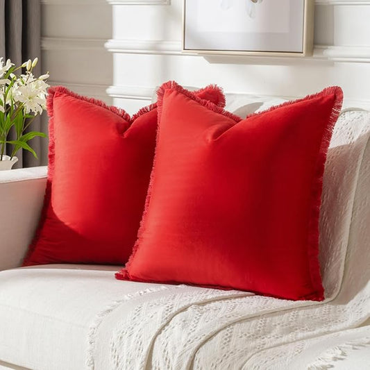 FUTEI Christmas Red Velvet Decorative Throw Pillow Covers 22x22 Set of 2,Soft Cozy Edge with Tassels Cushion Case,Boho Modern Home Decor for Couch Bed Living Room