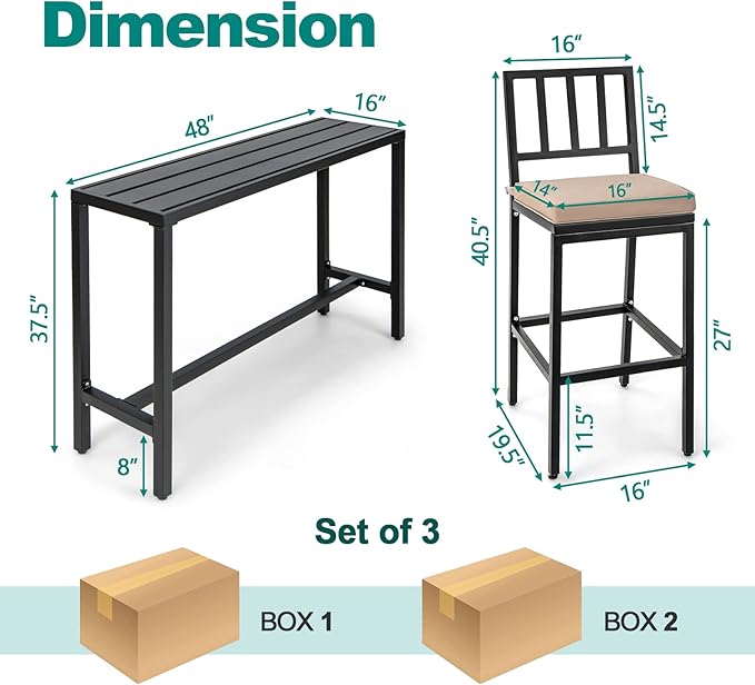 COSTWAY 3 Piece Outdoor Patio Bar Set, 48" Rectangular Pub Height High Top Bar Table with 2 Cushioned Bar Stools, Metal Bar Table and Chairs Set for Balcony, Backyard, Porch