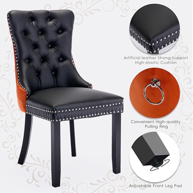 Leather Upholstered Dining Chairs Set of 8, Modern Style Kitchen Side Chairs with Nailhead Trim and Wood Leg, Metal Pulling Ring for Dining Room Living Room