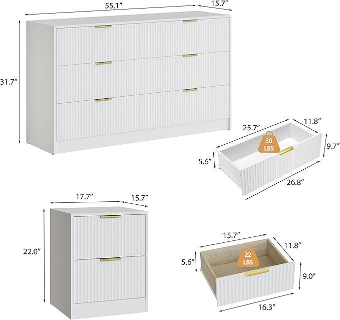 3-Piece Modern Bedroom Furniture Set, Wide 6-Drawer Dresser & 2-Drawer Nightstands Set of 2, Natural Wood Dresser and Nightstand Sets for Bedroom, Hallway, White