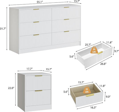 3-Piece Modern Bedroom Furniture Set, Wide 6-Drawer Dresser & 2-Drawer Nightstands Set of 2, Natural Wood Dresser and Nightstand Sets for Bedroom, Hallway, White