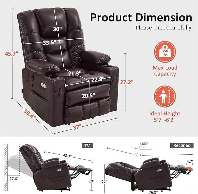 MCombo Large Triple Motor Power Lift Recliner Chair with Massage and Dual Heating, Adjustable Headrest for Tall Elderly People, Faux Leather 7634 (Dark Brown, Large)