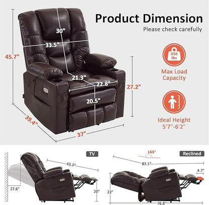 MCombo Large Triple Motor Power Lift Recliner Chair with Massage and Dual Heating, Adjustable Headrest for Tall Elderly People, Faux Leather 7634 (Dark Brown, Large)