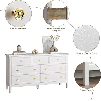 White Dresser for Bedroom with Gold Handle Modern 7 Drawer Dresser, Wood Chest of Drawer Closet Clothes Storage Organizer for Living Room, Hallway, TV Stand, 55 Inch