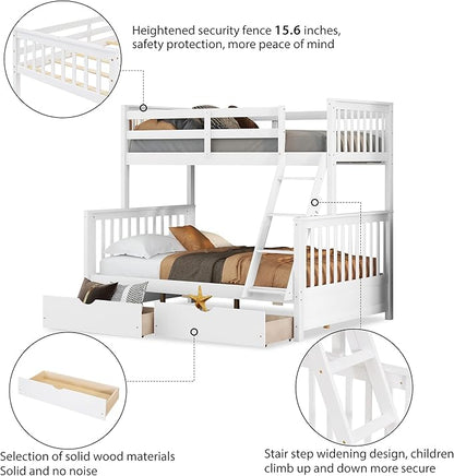 Merax Wood Bunk Bed with Drawers,Convertible Wood Bunk Bed with Ladders and Two Storage Drawers,Solid Wood Detachable Bed Frame with Ladders,Twin Over Full Size,White