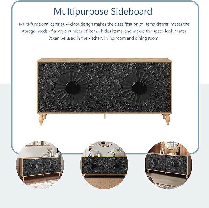 63" Sideboard Buffet Credenzas for Living Room, Black+Natural Entryway Table with Storage Accent Cabinet, Carved Flowers Doors & Wire Holes