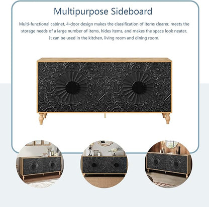 63" Sideboard Buffet Credenzas for Living Room, Black+Natural Entryway Table with Storage Accent Cabinet, Carved Flowers Doors & Wire Holes