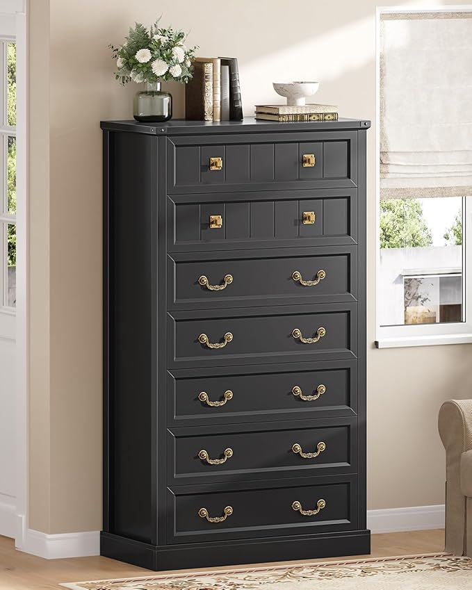AOGLLATI Farmhouse Dresser with 7 Drawers, 58.7”Tall Wooden Chest of Drawers with Natural Texture, Vintage Design, Black Dresser for Bedroom, Black