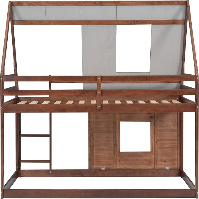 Wood Twin Size House Bunk Bed with Roof Ladder and 2 Windows,Floor Bedframe Low Bed Frame for Boys Girls Kids Teens Bedroom,Oak & Smoky Grey,Easy to Install,Brown