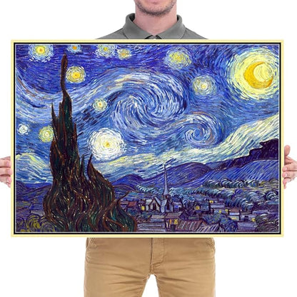 Wieco Art Framed Art Giclee Canvas Prints of Starry Night by Vincent Van Gogh Paintings Reproduction Post-Impressionism Artwork Framed Wall Art for Living Room Home decorations