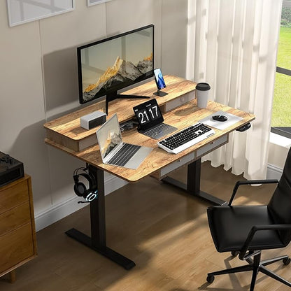 48 * 30 Inches Electric Standing Widened Desk Adjustable Height with 4 Drawers, Double Storage Shelves Stand Up Desk, Home Office Workstation Sit Stand up Desk (Light Rustic Brown)