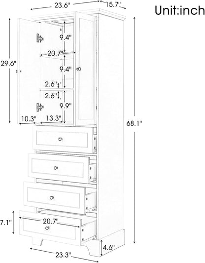 P PURLOVE Tall Bathroom Storage Cabinet with 2 Doors and 4 Drawers,Narrow Bathroom Cabinet Standing,Wood Freestanding Bathroom Cabinet for Kitchen,Living Room,Black