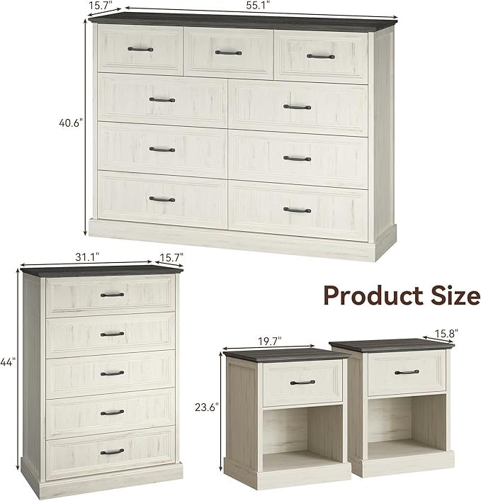 Farmhouse Dresser and Nightstand Sets, 4Pcs Bedroom Furniture Set, Nightstand Set of 2 & 55" Wide 9 Drawer and 44" Tall 5 Drawer Dresser with Large Drawers & Bar Handles, White