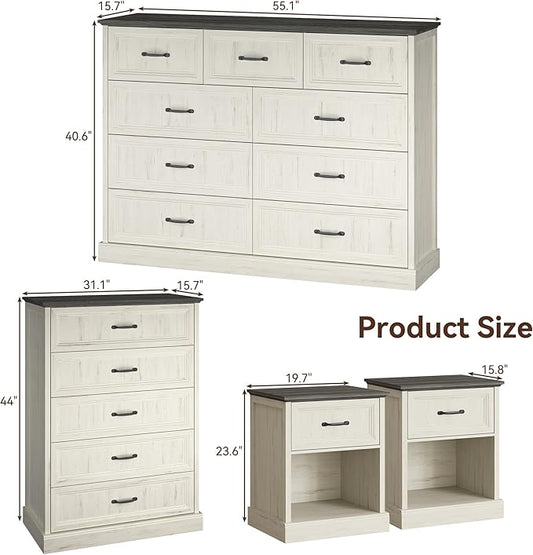 Farmhouse Dresser and Nightstand Sets, 4Pcs Bedroom Furniture Set, Nightstand Set of 2 & 55" Wide 9 Drawer and 44" Tall 5 Drawer Dresser with Large Drawers & Bar Handles, White