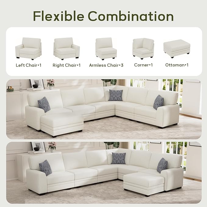 Wanderwell Oversized Modular Sectional Sofa, 7-Seater U Shaped Couches with Movable Ottoman,Corduroy Sectional Couch with Wide and Deep Seats Suitable for Living Room,Bedroom,Apartment (Cream, L-7)