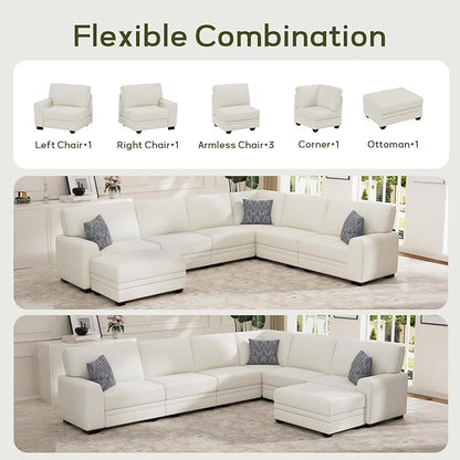 Wanderwell Oversized Modular Sectional Sofa, 7-Seater U Shaped Couches with Movable Ottoman,Corduroy Sectional Couch with Wide and Deep Seats Suitable for Living Room,Bedroom,Apartment (Cream, L-7)
