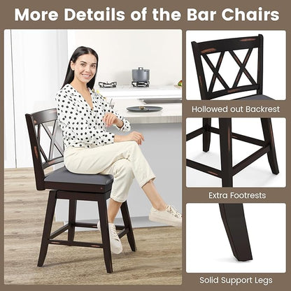 COSTWAY Bar Stool Set of 2 for Kitchen Island, 25" Counter Height Chair with Ergonomic Backrest, Foot Rest, Waterproof PVC Surface & Solid Wood Structure, 360°Swivel Farmhouse Barstool with Back