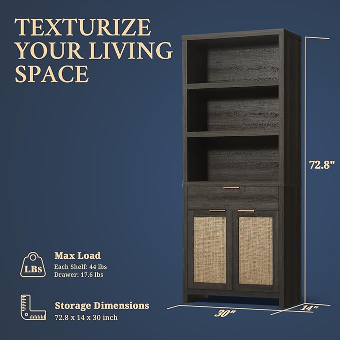 Hampstead Bookcase, Rattan Bookcase with Doors Cabinet and Drawer, 5-Tier Bookshelf, Large Wooden Book Case, Tall Bookshelves for Library Living Room (Midnight Oak, 1 Piece)
